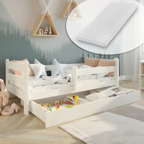 Kids Collective Lit pour enfant - 80 x 160 cm - Avec protection anti-chute, tiroir et matelas - Kit complet - 80 x 160 cm - Pour enfant et adolescent - Blanc