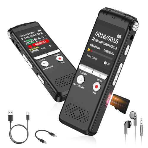 72GB Digitales Diktiergerät mit VOR-Funktion & KI-Rauschunterdrückung – Sprachrekorder mit Wiedergabefunktion für Meetings, Vorlesungen und Interviews, USB-Wiederaufladbar mit Aufnahme-LED-Anzeige