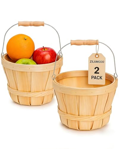 ZILAMGOO 2-Pack Apple Baskets Wooden Bushel Style – Handwoven Round Wood Fruit Baskets with Metal Handle – Rustic Farmhouse Bucket for Produce, Harvest, Holiday Display & Gifting