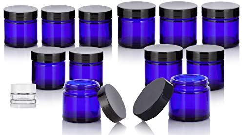 12 Piece Cobalt Blue Glass Straight Sided Jar Starter Kit: 6-1 oz Jars, 6-2 oz Jars with Black Lid + Small Glass Balm Jar