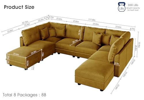 Image of LLappuil 112 inch Modular Sectional Sofa with Storage, U Shaped 8-Seat Pet-Friendly Corduroy Couch with 8 Throw Pillows, Convertible Sofa Set for Living Room & Apartment, Scratch Resistant, Yellow