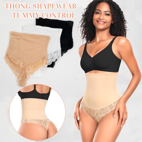 Image of Werena Tummy Control Thong Shapewear for Women Mid High Waisted Body Shaper Underwear Lace Shaping Thong Girdle Panties
