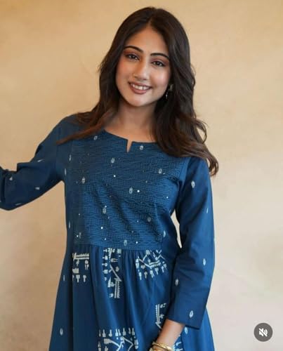 Image of Women's Cotton Embroidered Anarkali Kurti with Pant Set