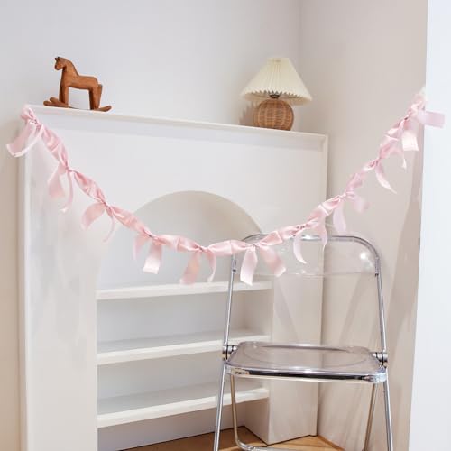 Image of Pre-Assembled Pink Bow Garland - 6ft Ready-to-Hang Engagement Party Decorations, Coquette Birthday & Bridal Showers, No DIY Needed! Baby Room Bed Decor (Pink, 6ft)