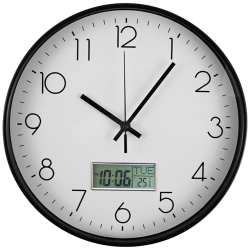 BAODBF Reloj digital de pared con pantalla LCD, reloj de pared con mes, fecha, día de la semana y indicador de temperatura, reloj de pared inalámbrico, diámetro de 29,5 cm, esfera grande, relojes de