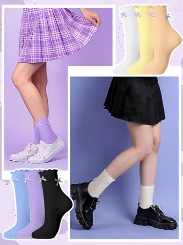 Image of Fourluoo 6 Pairs Women Ruffle Crew Socks with Bow Cute Retro Mid-calf Socks Breathable Cotton for Spring Summer Casual Daily
