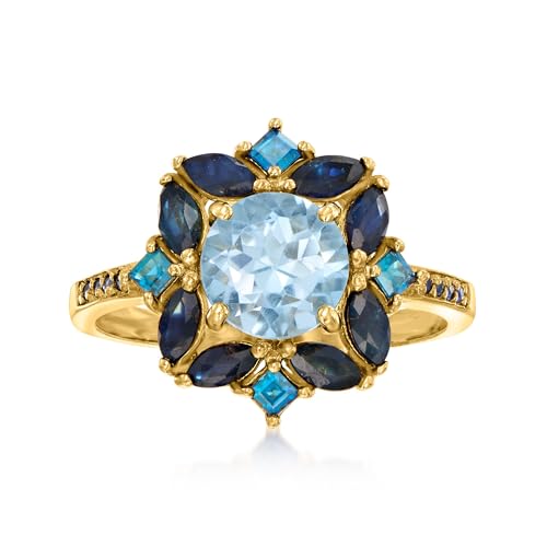 Ross-Simons 1.80 Carat Sky Blue Topaz, 2.40 ct. t.w. Sapphire and .80 ct. t.w. London Blue Topaz Ring in 18kt Gold Over Sterling. Size 8