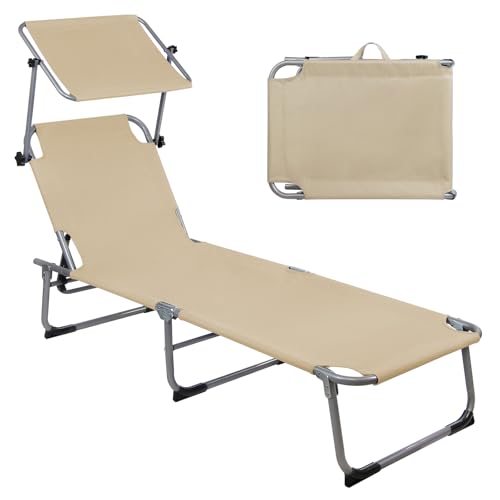 Montafox Chaise Longue Pliable Toit Solaire 195 x 59 x 32 cm Max 150 kg Bain Soleil Pare Soleil Dossier Inclinable Jardin Piscine Terrasse, Couleur:Taupe