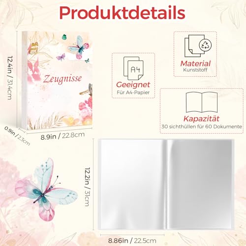 Zeugnismappe A4 mit 30 Hüllen - Geschenke zur Einschulung Schulanfang, Dokumentenmappe A4 Sichtbuch Urkundenmappe Mappe mit Klarsichthüllen, Document Organizer für Zertifikate Urkunden, Rosa