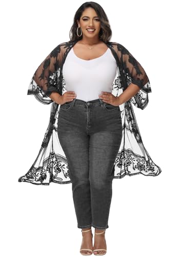 Image of Anna-Kaci Women's Plus Size Lace Cardigan Embroidered Long Kimono Dusters with Half Sleeves