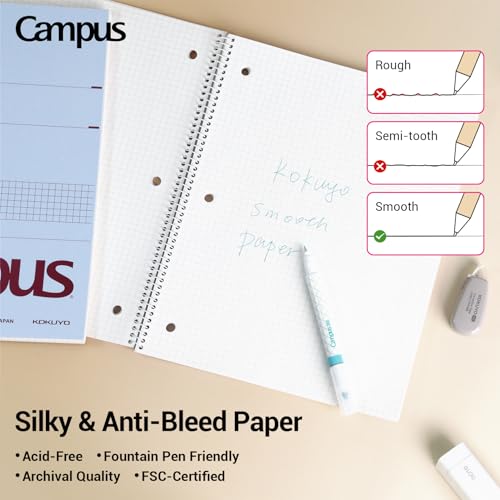 Image of KOKUYO Spiral Notebook with 5x5 Graph Paper, 3 Pack Campus 10-1 /2 inch x 8 inch Subject Notebooks, 80 Sheets, Light Pink Blue Off-White 3 Holes School Spiral Journal for Study Planner Drawing (WSG-SU-400G4x3) | Campus Subject Notebooks, 80 Sheets, 3 Holes School Japanese Grid Ring Journal for Study Planner Drawing, Blue Pink White