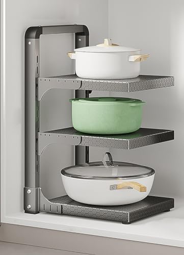 Estante organizador de cocina ajustable, solución de almacenamiento de ollas y tapas de alta resistencia, organizador de armario y encimera que ahorra espacio para una organización eficiente de la