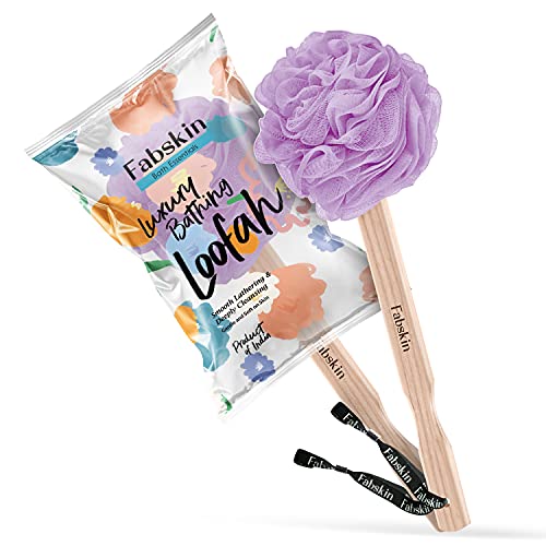 Image of FABSKIN Luxury Back Bathing Loofah With Wooden Handle for Men and Women | Pack of 1 | Loofah For Back Bathing with handle | Back Bathing Loofah Brush | Back Scrubber for Bathing (Purple)