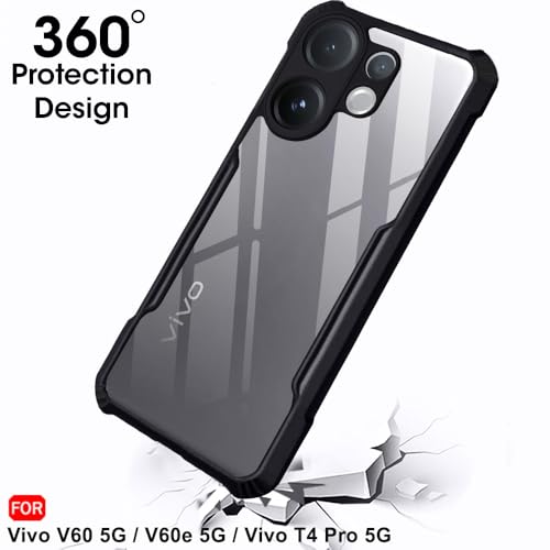 Image of TheGiftKart Shockproof Crystal Clear Back Cover Case for Vivo V60 5G / V60e 5G / Vivo T4 Pro 5G | 360 Degree Protection | Protective Design | Transparent Back Cover Case (PC & TPU, Black Bumper)