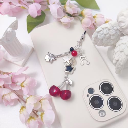 cioatu 1-4PCS Cute Phone Charms Aesthetic Y2K Cell Phone Charms Strap Pink Strawberry Butterfly Star PhoneCharm Y2K Accessories for Bag Keychain Airpods Camera Pendants Decor (Red Cherry Guitar)