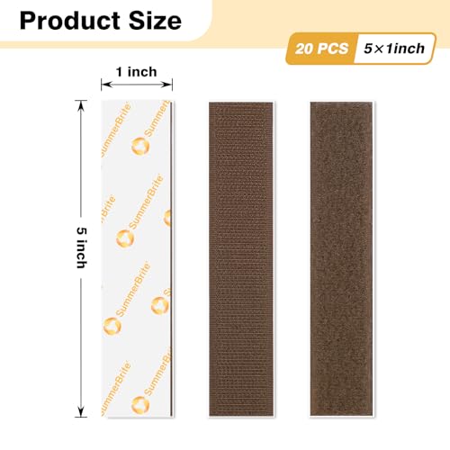 Image of SummerBrite 20 Pairs Brown Hook and Loop Strips with Adhesive, 1 x 5 Inch Heavy Duty Sticky Back Fasteners for Wood & Dark Furniture, Strong Mounting Tape for DIY & Organization