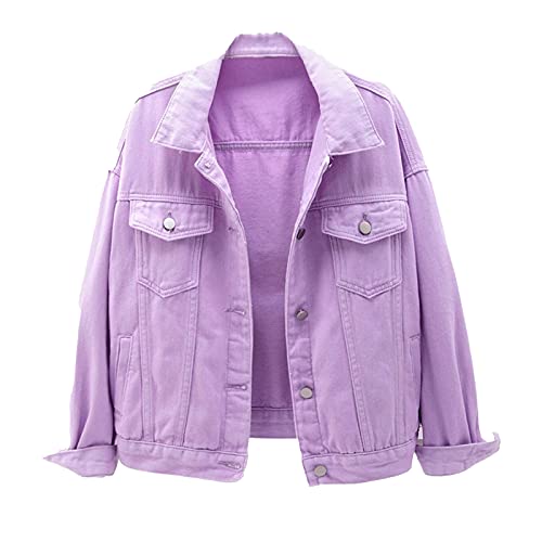Jaqueta Jeans Feminina Boyfriend Manga Longa Solta Moda Casaco de Transição Primavera Outono com Botão Roxo GG