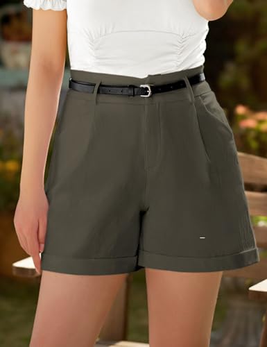 Image of Belle Poque Women Bermuda Shorts Elastic Waist Wide Leg Shorts with Pockets & Belts
