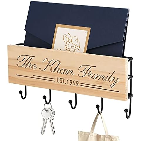 Personalised Wall Mounted Key Holder for The Home, Engraved Your Family Last Name Key Hooks for Wall with Iron Storage Basket, Custom Wooden Key Hanger Racks Gift for Wedding Housewarming Cover