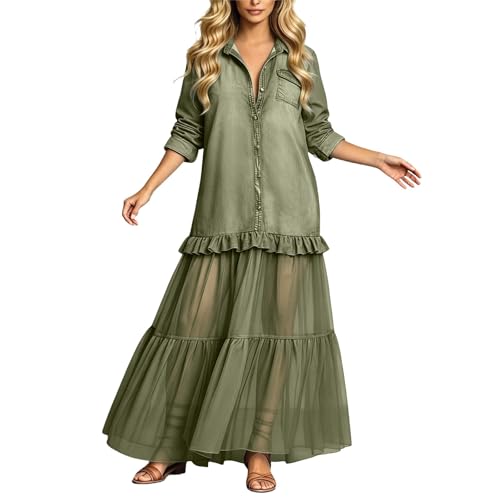 Robe longue à volants en jean vintage avec patchwork dentelle chic