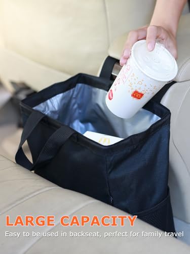 Ginsco New Leak-Proof Travel Car Trash Bag, 3.5 Gallons Large Capacity Hanging Car Trash Can with Hook and Loop Lid and Handle, Multipurpose Trash Bin with Storage Pockets for SUV RV Camping (Black)