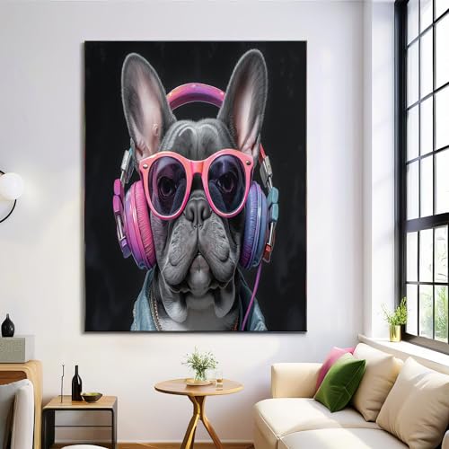 DLERFLOVR Quadri Bulldog Francese 60x90cm Stampa su Tela Cane Figo Stampe da Parete Murale Arte Decorazioni da Parete per Soggiorno Camera da letto Ufficio, Nero