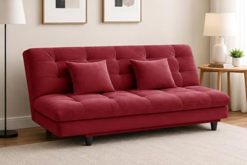 Image of Deco Studio Velvet Fabric Wooden Three-Seater Apsen Sofa Bed with Tufted Couch Sofa for- Living Room Furniture-Red-Color