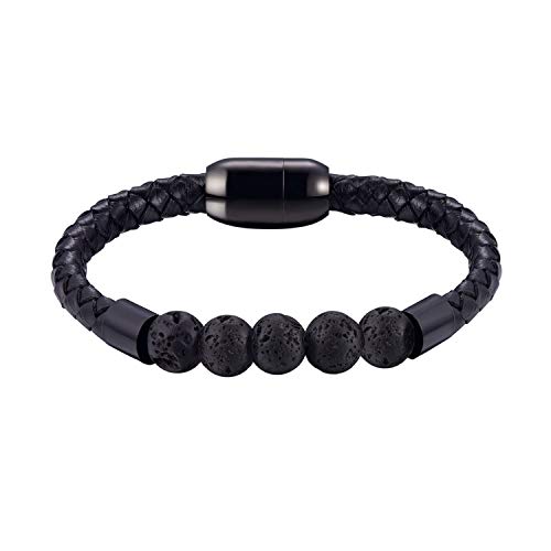 bandmax 5 Black Lava Rocks Relaxed Healing Beads Bracelet Lucky Men Women Waterproof Genuine Leather Bracelets Volcanic Stone Jewelry with Stainless Steel Magnetic Clasp