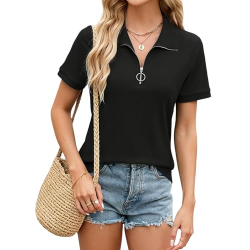 T Shirt à Manches Courtes Pour Femme, col en V zippé au Quart, Style décontracté d'été, Noir, Taille XXL