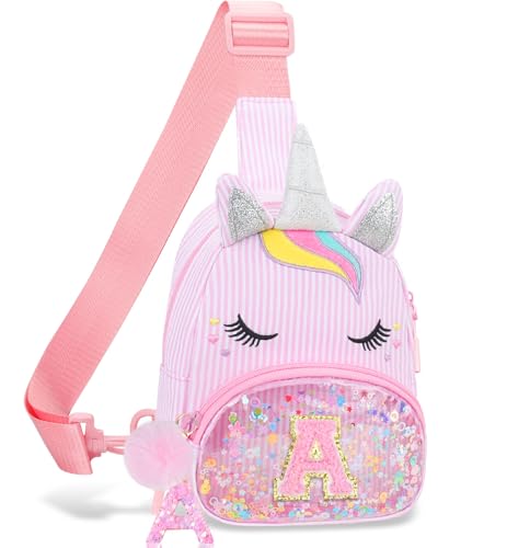 Small Initial Sling Bag for Girls - Unicorn Crossbody Bags Girl Belt Bag Clear Sling Bag Kids Purse 5 6 7 8 9 10 11 12 Year Old Birthday Gifts Pink A