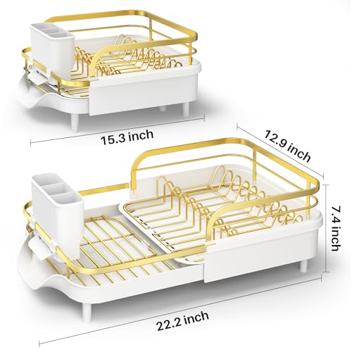 Image of SAYZH Dish Drying Rack - Expandable Dish Rack for Kitchen Counter, Rust-Resistant Dish Drainer with Utensil Holder and Raised Guardrail, Kitchen Organizer for Cup and Bottle (Gold)