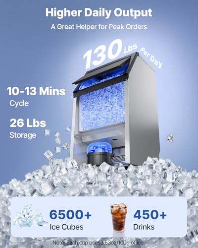 Image of VEVOR Commercial Ice Maker Machine with Pump, 100 lbs /24h with 26 lbs Storage Capacity, Built-in /Freestanding /Under Counter, Stainless Steel Ice Maker with LED Display & Self-Cleaning, for Home Bar