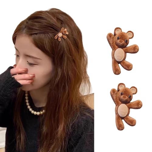 Cute Little Bear Hair Clip Velvet Hair Clips Brown Plush Teddy Bear Hairpin Versatile Hair Clip 3D Stuffed Animal Side Barrettes for Women School Stuff Daily Hair Accessories 2PCS