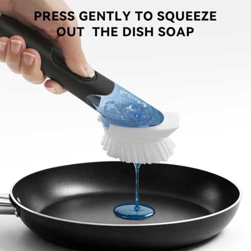 Image of SetSail Dish Brush with Soap Dispenser, Stiff Bristles Dish Scrubber Set | Built-in Scraper with 3 Pack Replaceable Brush Head Dish Scrub Brush with Non-Slip Handle for Kitchen Sink, Dishes, Pans, Pot