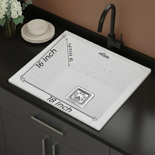 Image of ARQUIN ARQUIN Quartz Kitchen Sink 18x16x9 Inch Grey | Single Bowl Sink | Durable & Scratch-Resistant | Undermount /Topmount Including Coupling, Waste Pipe & Fruit Washing Basket