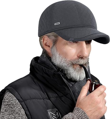 Winter Hats for Men Baseball Cap Warm Fleece Lined Dad Caps with Fold Earmuffs Adjustable Peaked Warmer Driving Cap Gray