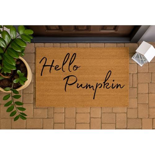 Trendi Coir Door Mat 60 x 40cm – Natural Coconut Fibre Doormat for Indoor & Outdoor Use – Non Slip PVC Backing – Entryway Dirt Trapper Rug – Heavy Duty Front Door Mat (Hello Pumpkin)