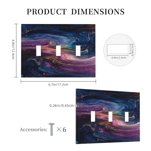 Decorative Switch Covers Plate Abstract Purple Blue Gold Marble Texture 3 Gang Wall Plate Oversized Triple Toggle Light Switch Plate Jumbo Faceplate for Bathroom Bedroom Decor