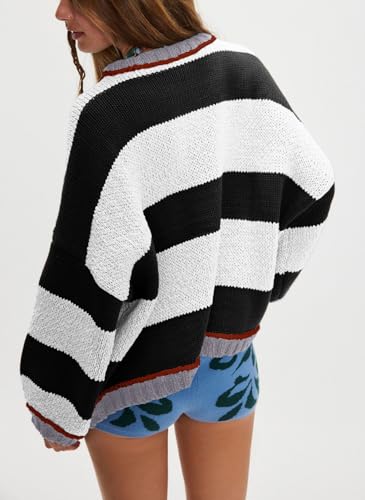 CHARTOU Women Sweater Fall 2025 Oversized Color Block Striped Long Sleeve Loose Pullover Sweater Knitted Tops3
