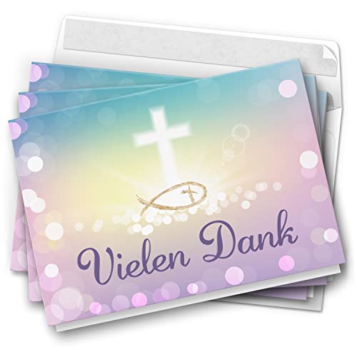 10 Dankeskarten kirchlich - Zauberhafter Verlauf Rosa - moderne Klappkarten mit Umschlägen - Danke sagen nach Kommunion, Konfirmation, Taufe, Hochzeit
