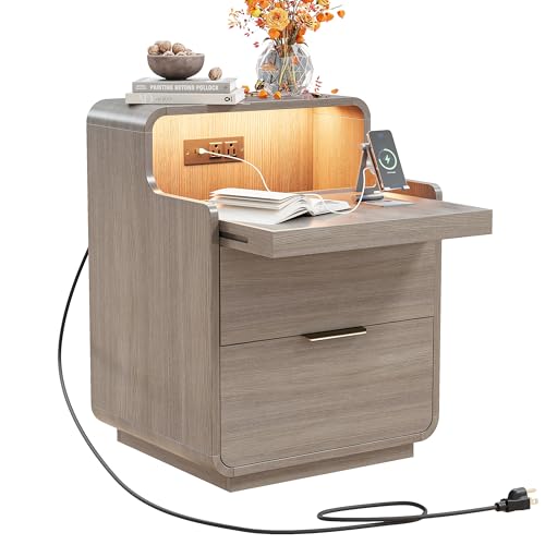LIKIMIO Nightstand with Charging Station and LED Lights, Night Stand with Pull-Out Shelf, Morden End Table with 2 Drawers, Bedside Table for Bedroom, Oak