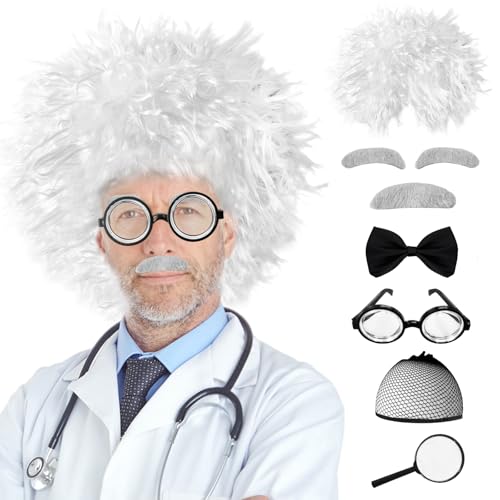 Jnnzzggu 8 PCS Old Man Mad Scientist Wig Set Crazy Old Man Physicist Wig Costume Lab Glasses Mustache Physicist Costume