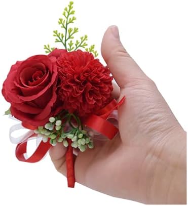 Rikyo 2 Pack Flower Wrist Corsage Boutonniere Set,3" Artificial Rose and Carnation Handmade Silk Flower for Wedding Flowers Accessories Prom Suit Decor (Red) - Image 3