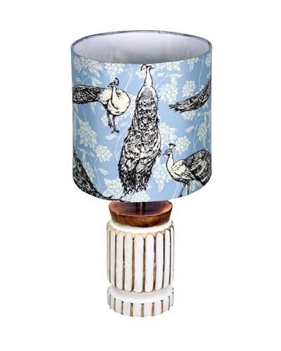 Image of Homesake Retro Farmhouse Table Lamp for Living Room Bedroom Rustic Linen Bedside Nightstand Lamps for Kids Room Study Office Wood, Carved Cylinder, (Peacock and Fowl)
