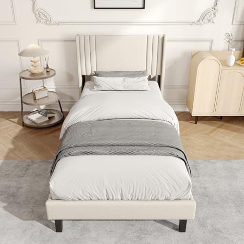 RXMORI Cama tapizada de 90 x 200 cm, marco de cama con cabecero de láminas, cama infantil, cama individual, marco de cama estable de tela para adultos y jóvenes (beis, 90 x 200 cm)