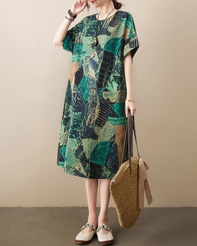 Image of LUZU JUNU Women's Summer Baggy Plus Size Loose Cotton Linen Long Boho Beach Dress with Pockets
