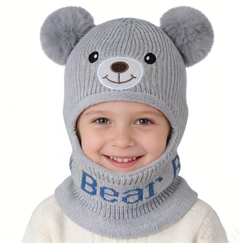 AYPOW Kinder Schlupfmütze Mädchen Jungen, Warme Schalmützen Wintermütze Fleece Gefüttert Niedlich Winddicht Strickmütze mit Bommel Beanie Mütze Loop Schal Kindermütze