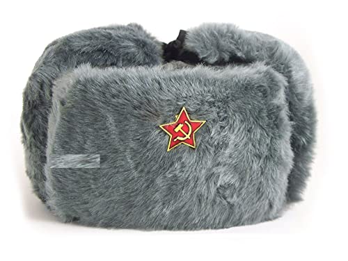 GFMÂ® Mens Faux Fur Cossack Soviet Army Style Ushanka Bomber Hat, Grey-Star Badge., One size