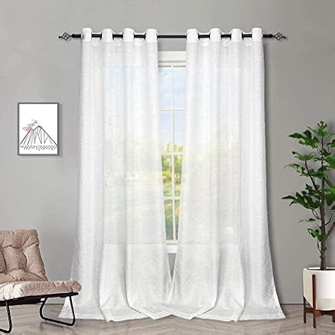 Melodieux 2 Panel Faux Linen Voile Net Curtains Semi Sheer Ring Top Drapes for Bedroom, Living Room, Window - White, 55 x 89 inch drop (140 x 225cm) Cover