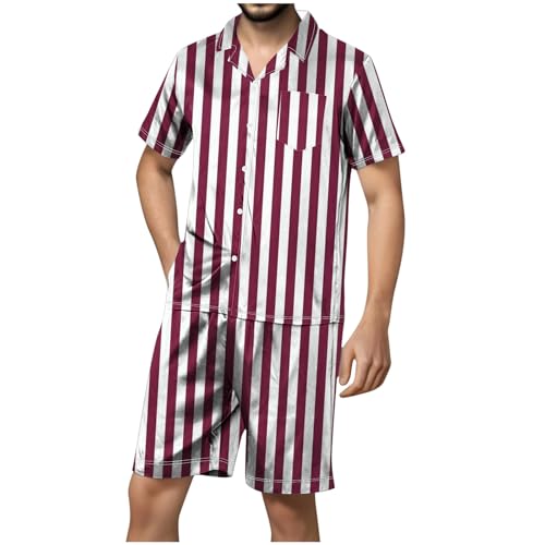Cambkatl Men's Smooth Striped Satin Pajama Set Short Sleeve Silk Sleepwear Classic Button Down 2-Piece Pjs Set
